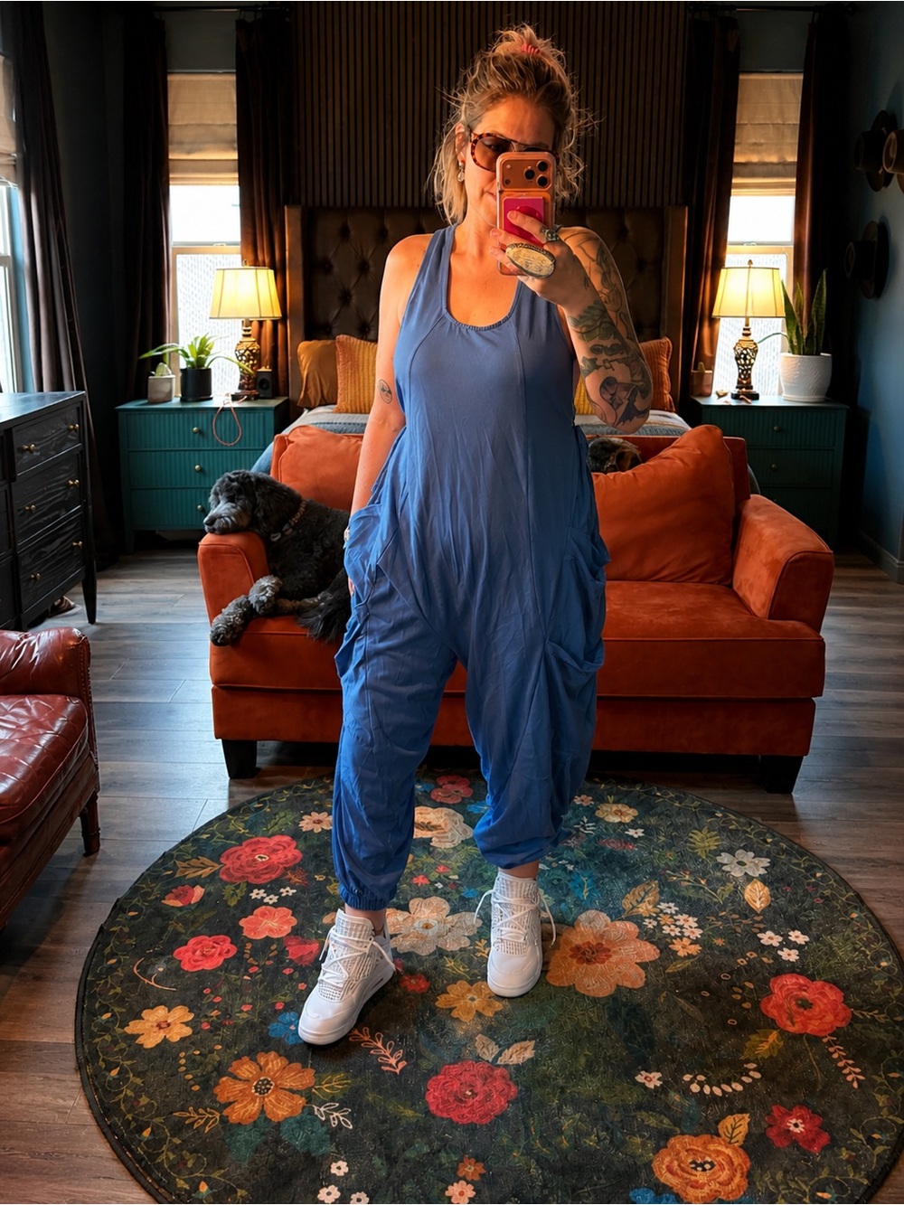 Blue Oversized Harem Jumpsuit XL Free People Dupe Boho Wide Leg Romper